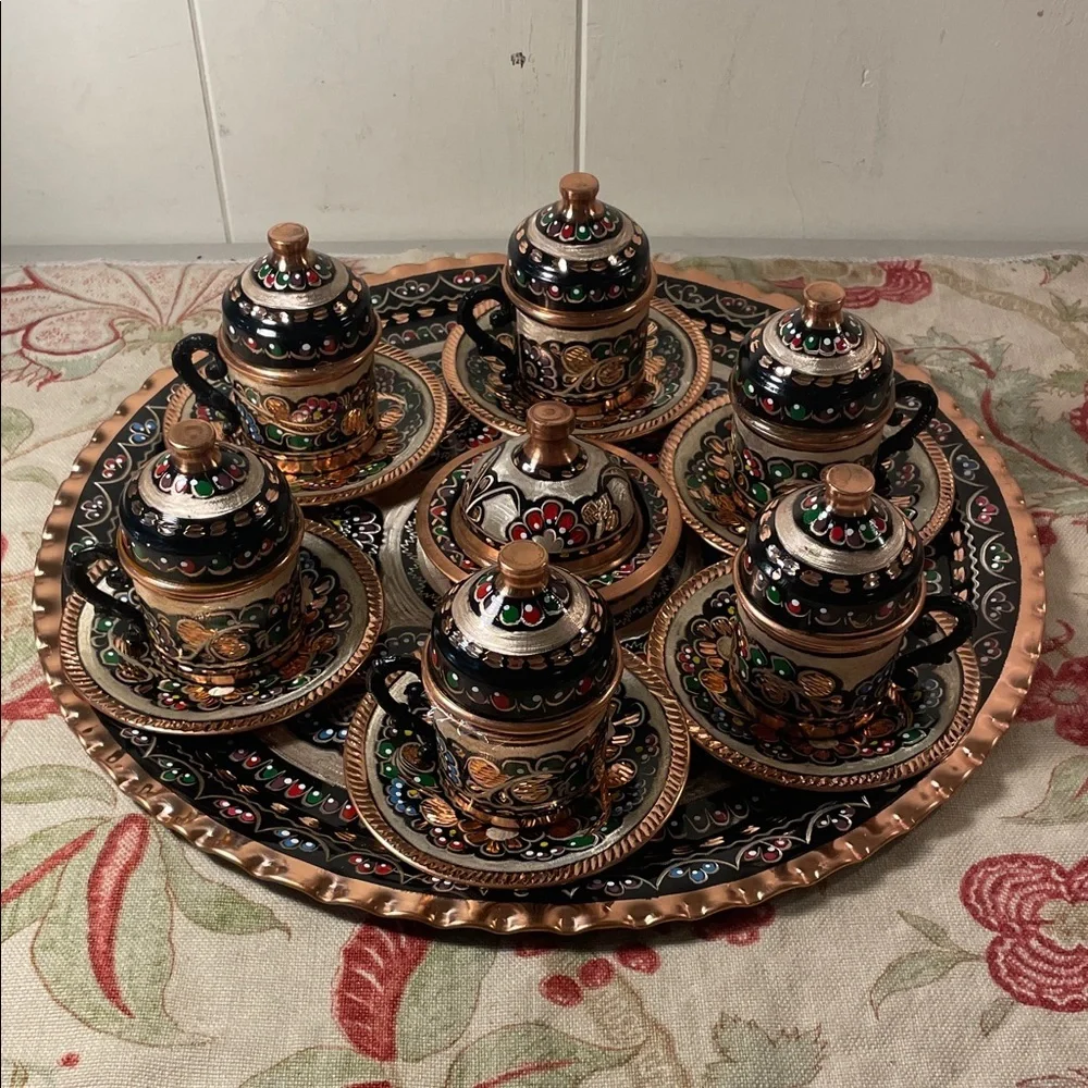 Handcrafted Copper Turkish Ceramic Coffee and Expresso Set with Tray